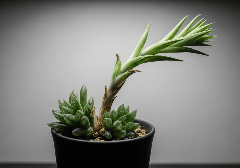 Ejemplo de etiolación en haworthia cooperi, estirada y pálida por falta de luz.