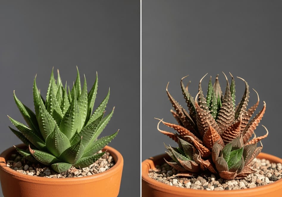 Comparativa de una haworthia cooperi sana (verde) y otra con estrés por sol (hojas marrones)