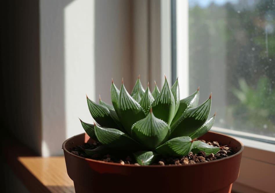 Haworthia cooperi sana con hojas translúcidas en luz brillante indirecta cerca de ventana