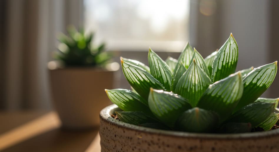 una Haworthia cooperi con hojas translúcidas y turgentes que demuestran una hidratación y exposición a la luz óptimas