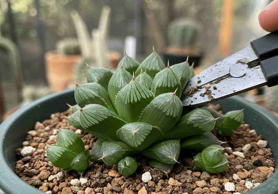Haworthia cooperi planta madre con hijuelos listos para separar
