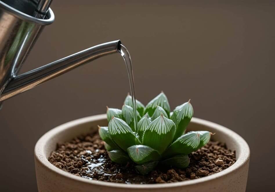 Riego preciso de Haworthia cooperi mostrando agua drenando de la maceta