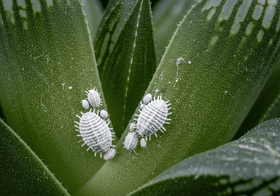 Primer plano de una plaga de cochinilla algodonosa en una hoja de haworthia cooperi.