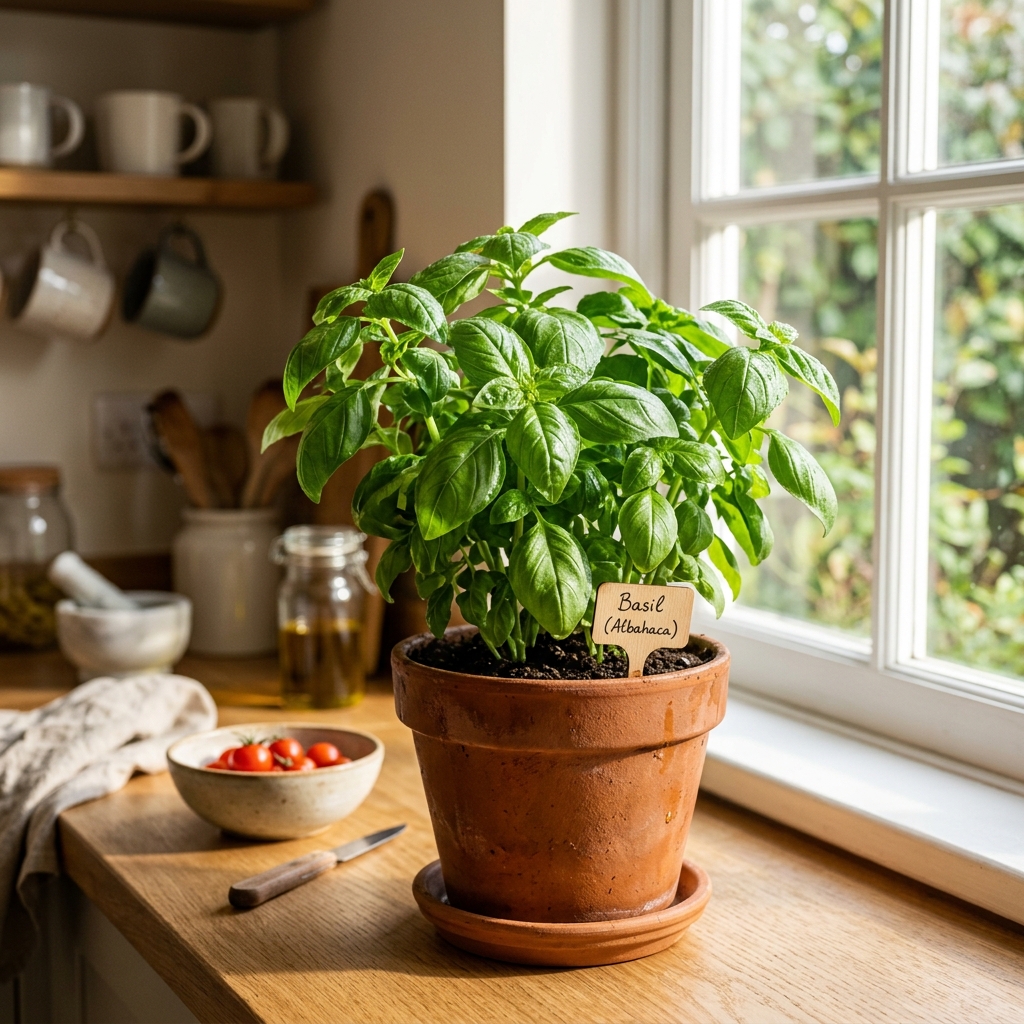 Planta de albahaca fresca en maceta cultivada en casa