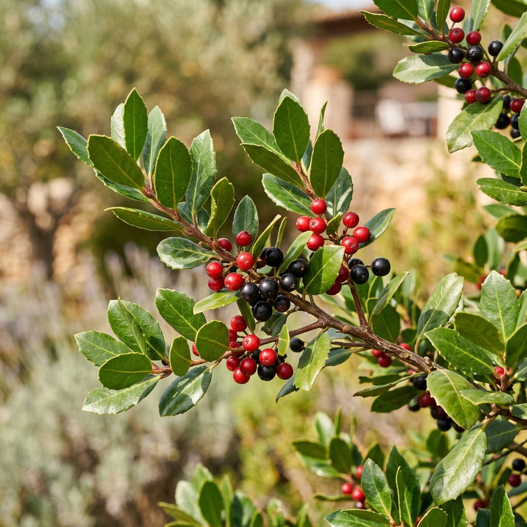 Arbusto Aladierno (Rhamnus alaternus) con hojas verdes de bordes dentados y frutos pequeños en un jardín